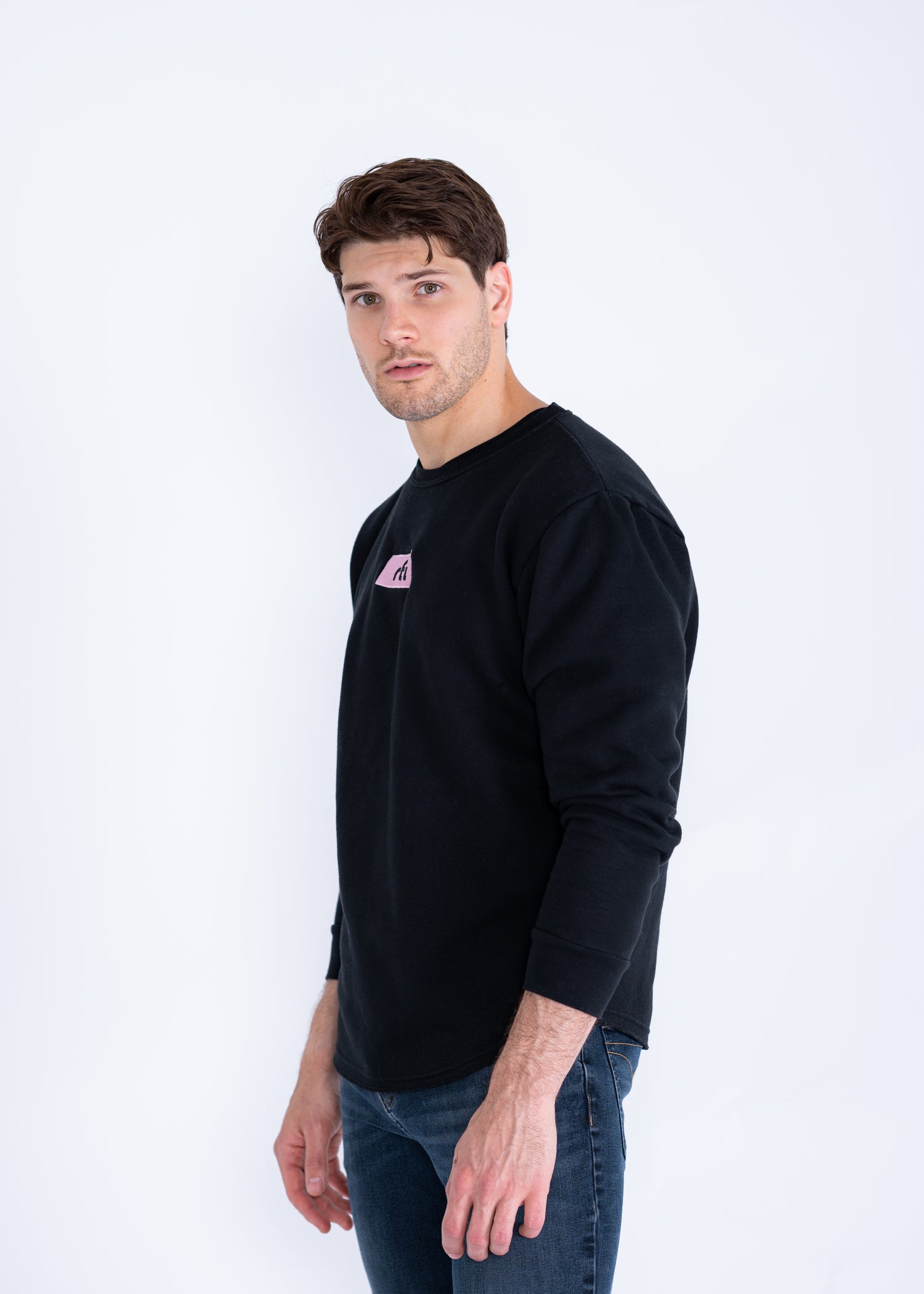 rfi curved hem pullover [black on pink box logo] - rfi apparel - sweater
